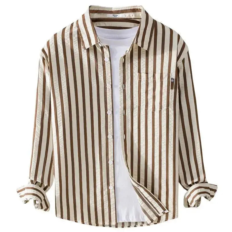 Mens Stripped Long Sleeve Shirt - 0 - Dan Flashes - Khaki - Color Matching Long Sleeve Men's Shirt Top Dan Flashes
